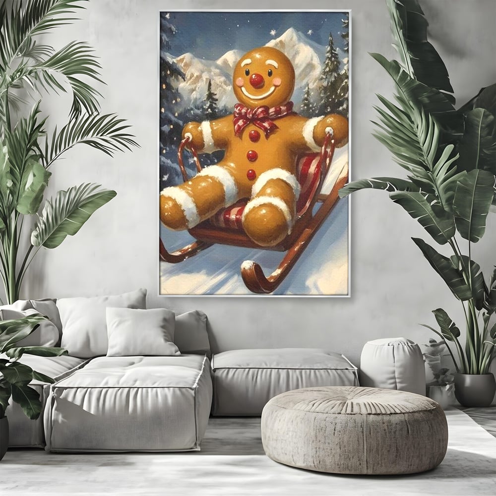 Tablou canvas cu tablou canvas omulet de turtita pe sanie, in rama de aluminiu argintiu, pe perete intr-un living